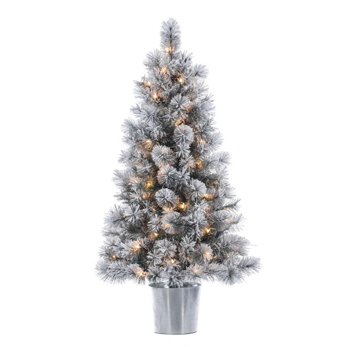 The Holiday Aisle® Flocked Potted Prelit 4.5' Green/White Pine
